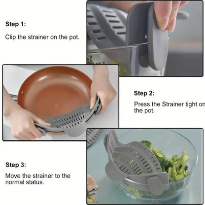 Universal Clip-On Silicone Pot Strainer – Heat-Resistant, Hands-Free Snap-On Colander for Easy Draining
