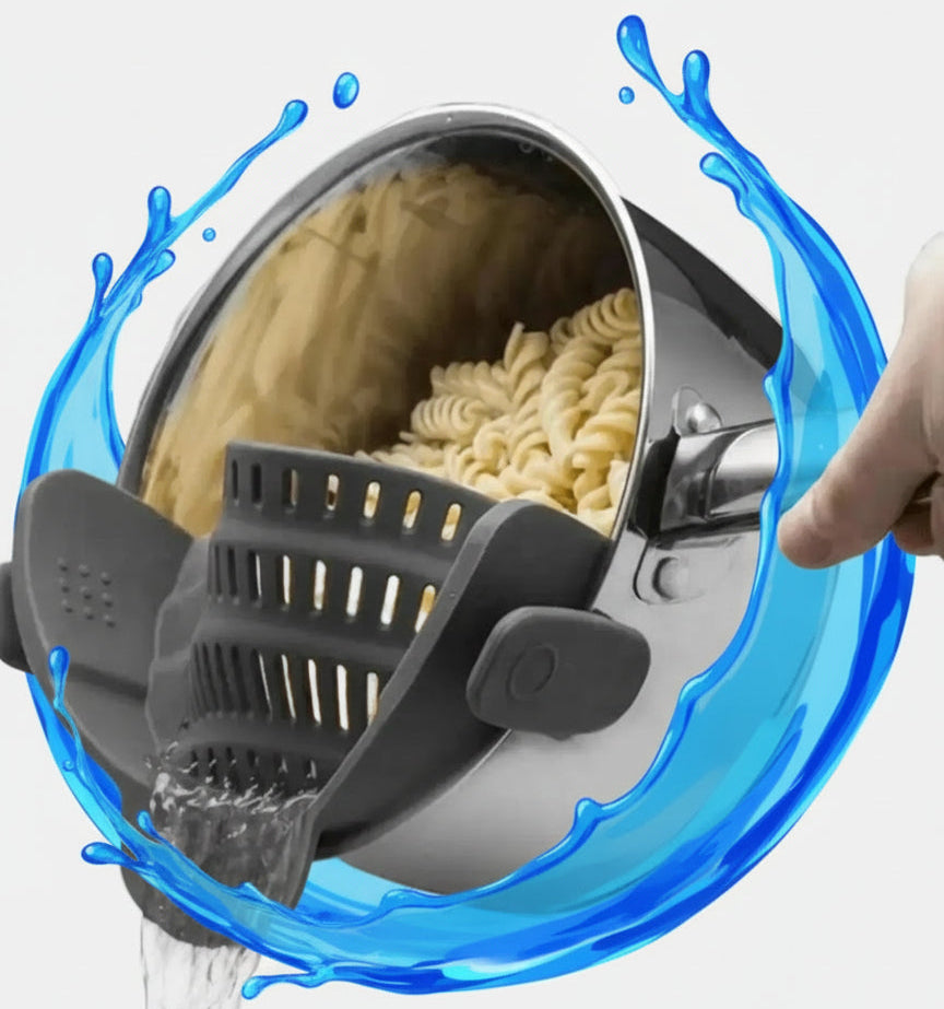 Universal Clip-On Silicone Pot Strainer – Heat-Resistant, Hands-Free Snap-On Colander for Easy Draining
