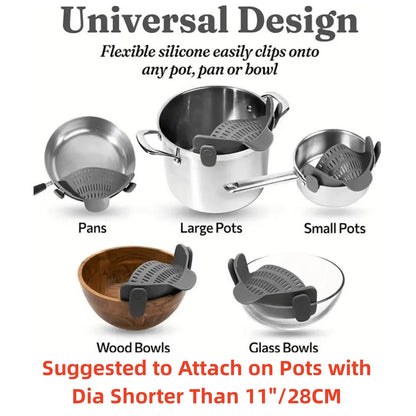 Universal Clip-On Silicone Pot Strainer – Heat-Resistant, Hands-Free Snap-On Colander for Easy Draining