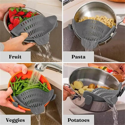 Universal Clip-On Silicone Pot Strainer – Heat-Resistant, Hands-Free Snap-On Colander for Easy Draining