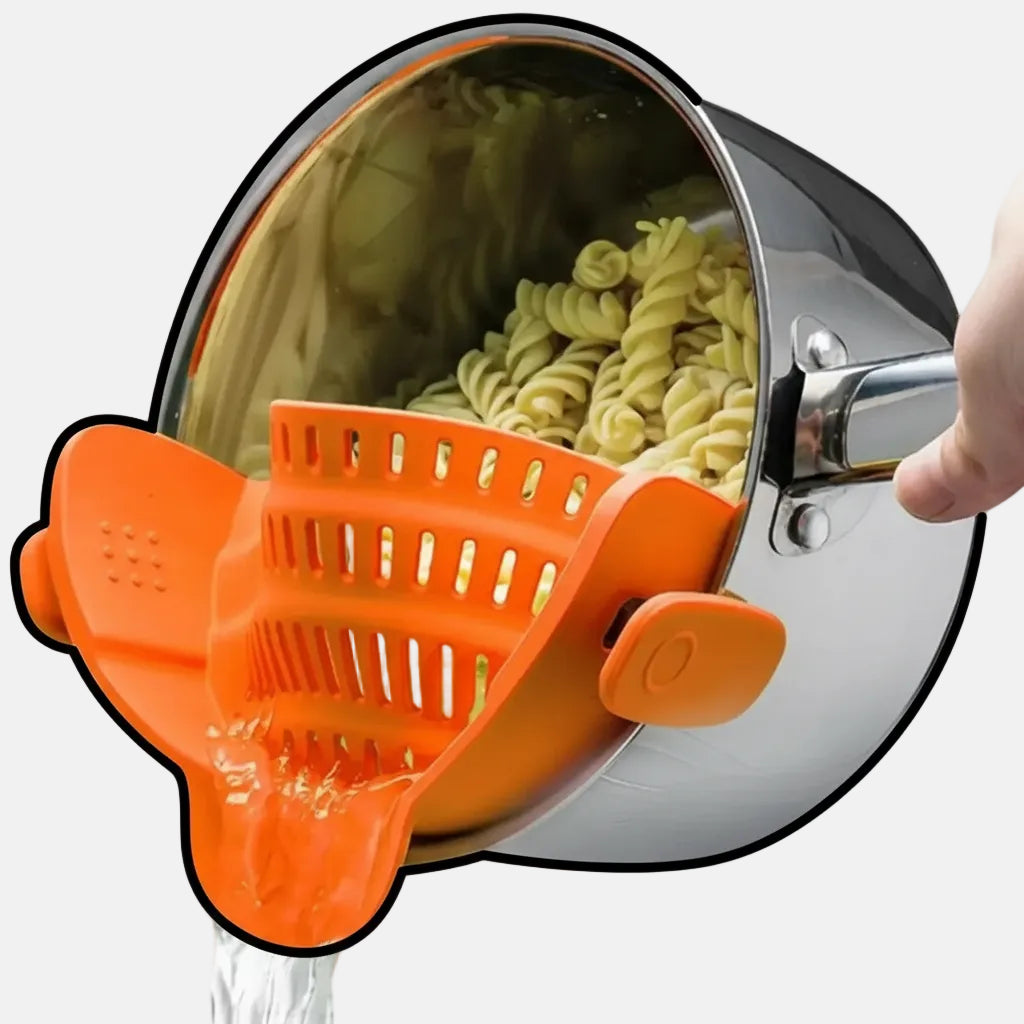 Universal Clip-On Silicone Pot Strainer – Heat-Resistant, Hands-Free Snap-On Colander for Easy Draining