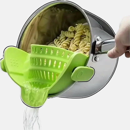 Universal Clip-On Silicone Pot Strainer – Heat-Resistant, Hands-Free Snap-On Colander for Easy Draining